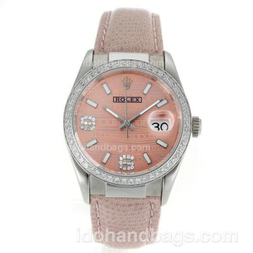 Rolex Datejust Swiss ETA 2836 Movement Diamond Bezel with Pink Watermark Dial-Leather Strap 112346