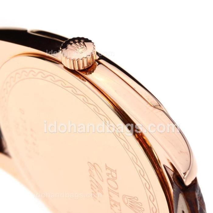 Rolex Cellini Luminous Swiss ETA Movement Rose Gold Case with White Dial-Leather Strap-Sapphire Glass 194510