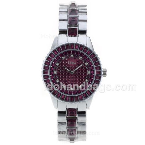 Dior Austria Crystal Ladies Watch Silver Authentic Ceramic with Purple Diamond Dial 50258