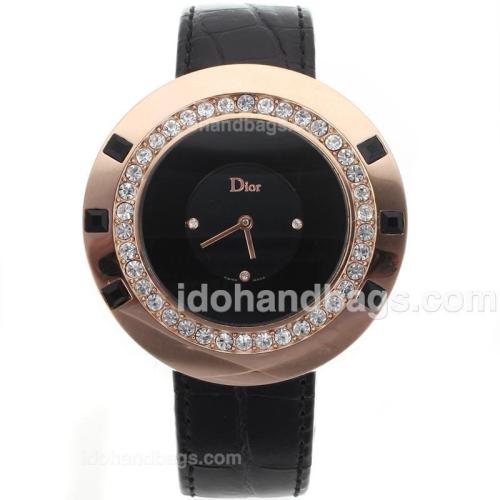 Dior Classic Rose Gold Case Diamond Bezel with Black Dial-Leather Strap 80047