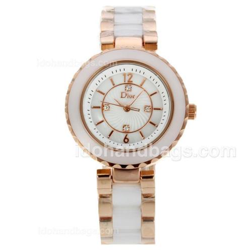 Dior Christal Ladies Watch Rose Gold/White Ceramic Two Tone with White Dial 136950