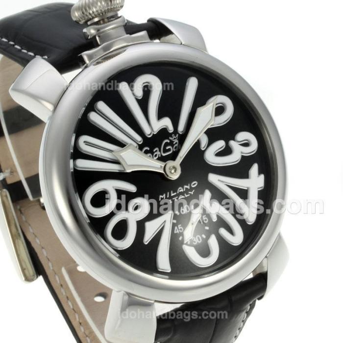 Gaga Milano Unitas 6497 Movement Number Markers with Black Dial-Leather Strap 126078