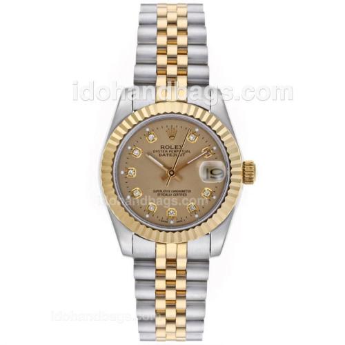 Rolex Datejust Automatic Two Tone Diamond Markers with Golden Dial-Mid Size 64206