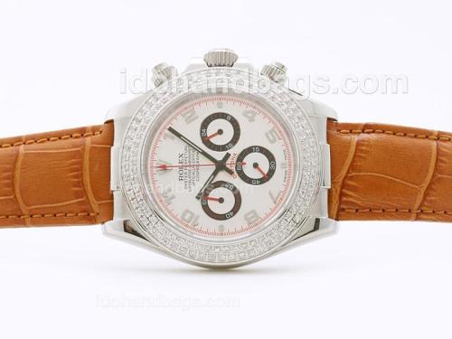 Rolex Daytona Working Chronograph White Dial Arabic Numerals with Diamond Bezel - Brown Strap 29876