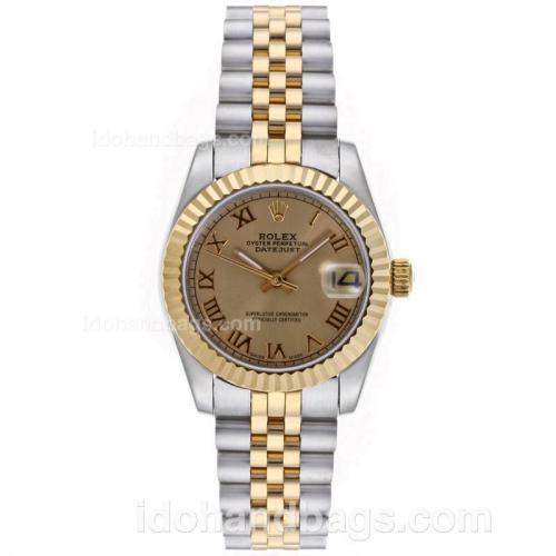 Rolex Datejust Automatic Two Tone Roman Markers with Golden Dial-Mid Size 64225