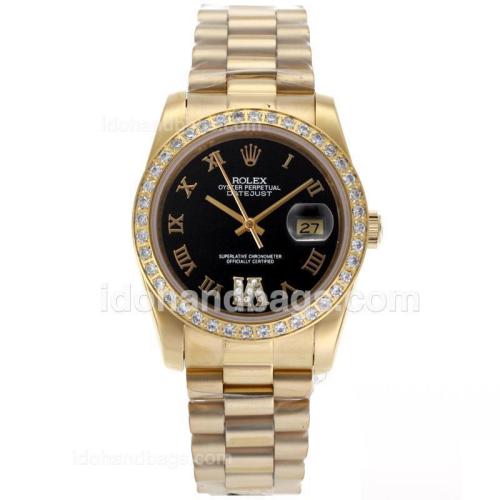 Rolex Datejust Automatic Full Gold Diamond Bezel Roman Markers with Black Dial-Sapphire Glass 56200
