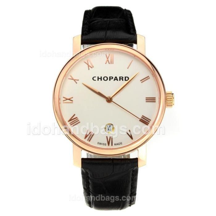 Chopard Classic Swiss ETA 2824 Automatic Rose Gold Case with White Dial-Leather Strap-Sapphire Glass 194340