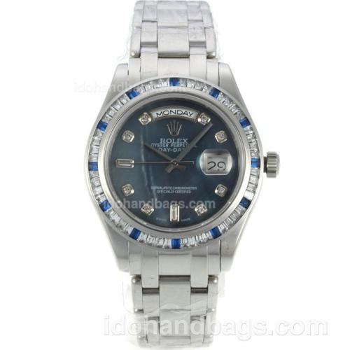 Rolex Masterpiece Automatic CZ Diamond Bezel with Blue MOP Dial-Diamond Markers S/S-Same Chassis as ETA Version 127050
