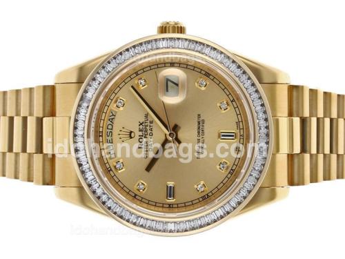 Rolex Day-Date II Swiss ETA 2836 Movement Full Gold CZ Diamond Bezel with Golden Dial 48578