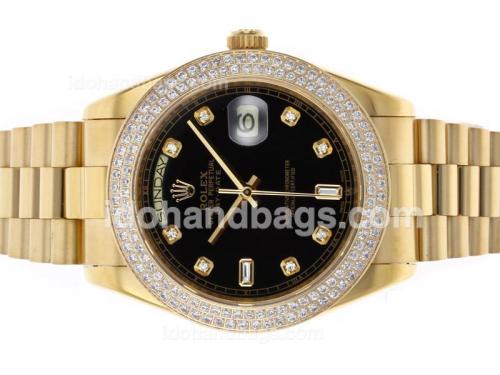 Rolex Day-Date II Swiss ETA 2836 Movement Full Gold Diamond Bezel and Markers with Black Dial 45957