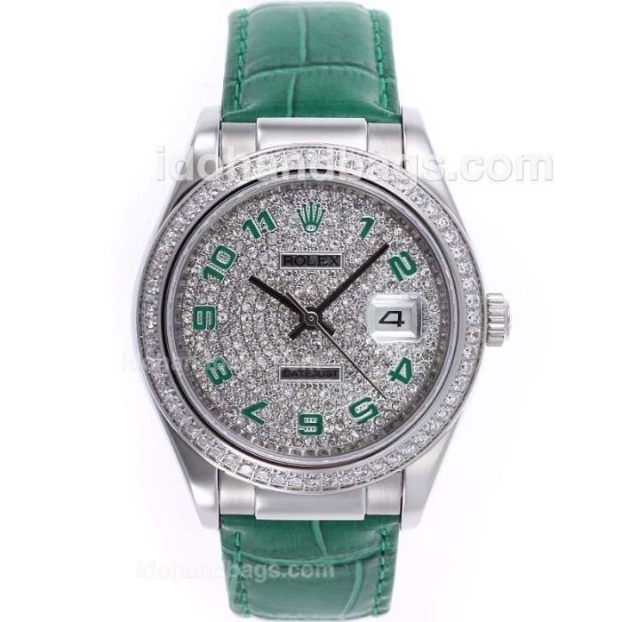Rolex Datejust Automatic Number Markers with Diamond Bezel and Dial-Green Leather Strap 51513