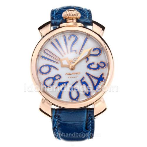 GaGa Milano Rose Gold Case with White Shell Dial-Blue Leather Strap 203846