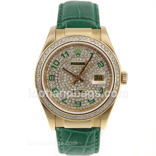 Rolex Datejust Automatic Gold Case Number Markers with Diamond Bezel and Dial-Green Leather Strap 52772
