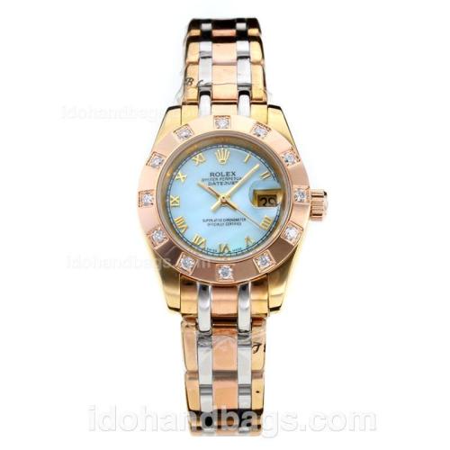 Rolex Masterpiece Automatic Three Tone Diamond Bzel Roman Markers with Blue MOP Dial-Lady Size 182794