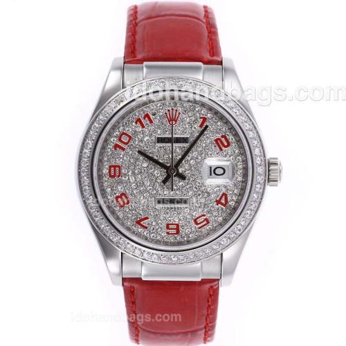 Rolex Datejust Automatic Number Markers with Diamond Bezel and Dial-Red Leather Strap 51514
