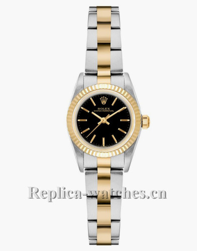 Replica Rolex Oyster Perpetual 6719 Gold & Steel 25mm Black Dial Lady's Watch