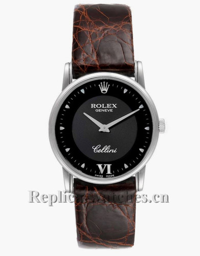 Replica Rolex Cellini Classic 5116 brown leather strap Black Dial  Mens Watch 