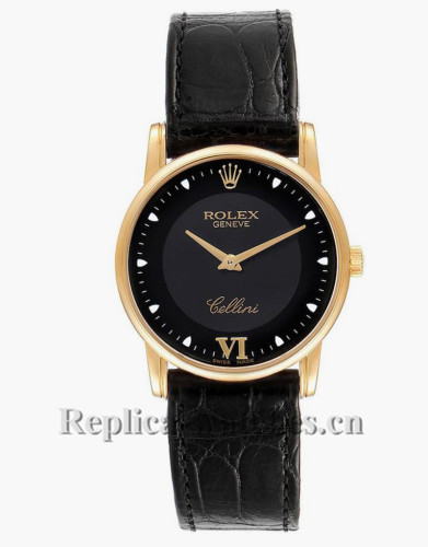Replica Rolex Cellini Classic 5116 Black Dial Black leather strap Mens Watch