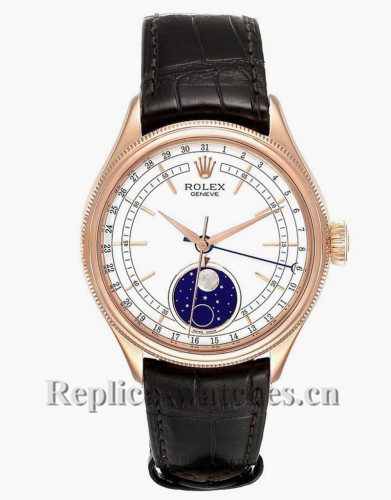 Replica Rolex Cellini 50535 Black leather strap White laquer dial 39mm Automatic Mens Watch