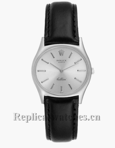 Replica Rolex Cellini  3806  black leather strap Silver Dial Vintage Mens Watch