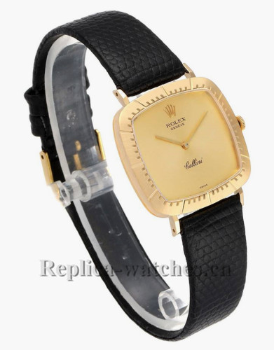 Replica Rolex Cellini 4048 black leather strap Champagne dial  Mens Vintage Watch