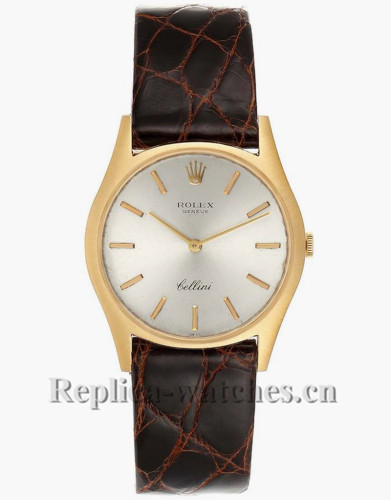 Replica Rolex Cellini 3804  brown leather strap Silver Dial Vintage Mens Watch