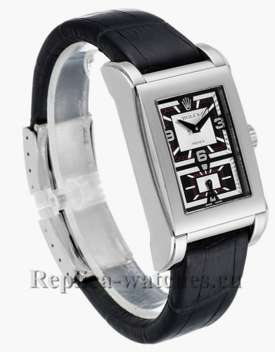 Replica Rolex Cellini Prince 5443 Black leather strap Black and silver dial Mens Watch