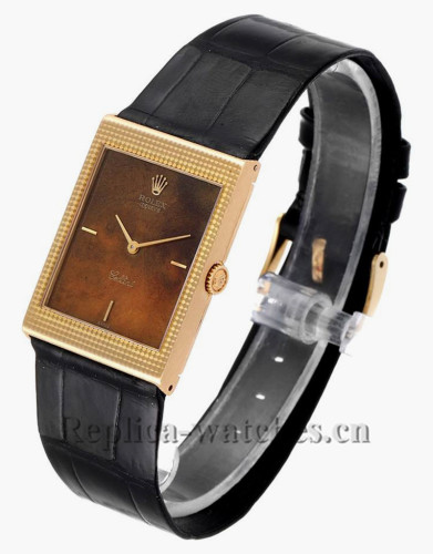 Replica Rolex Cellini 4127 Black leather strap Wooden Dial Vintage Mens Watch