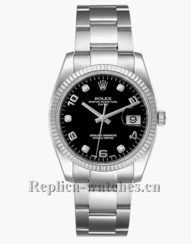 Replica Rolex Date  115234 Stainless steel oyster bracelet 34mm Black Dial Mens Watch 