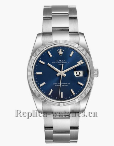 Replica Rolex Date 115210  Blue Dial steel Oyster Bracelet  34mm Automatic Mens Watch Box Papers