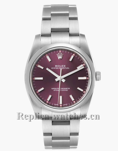 Replica Rolex Oyster Perpetual 114200 domed bezel 34mm Red Grape Dial Mens Watch