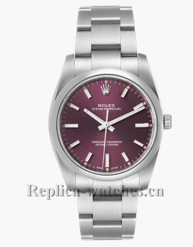 Replica Rolex Oyster Perpetual 114200 Oyster bracelet 34mm Red Grape Dial Mens Watch
