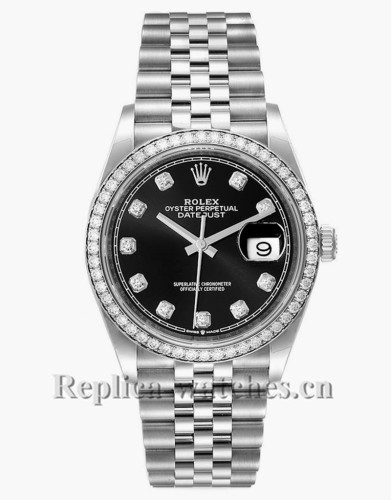 Replica  Rolex Datejust 126284 Stainless steel case 36mm Black Diamond Dial Bezel Mens Watch