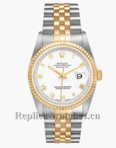 Replica  Rolex Datejust 16233 Steel Yellow Gold 36mm White Roman Dial Mens Watch