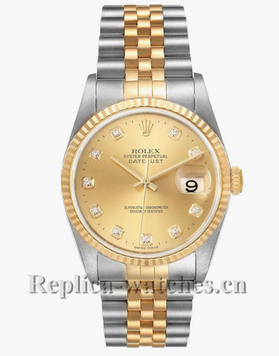 Replica  Rolex Datejust 16233 Steel Yellow Gold 36mm Champagne Diamond Dial Watch  Box Papers