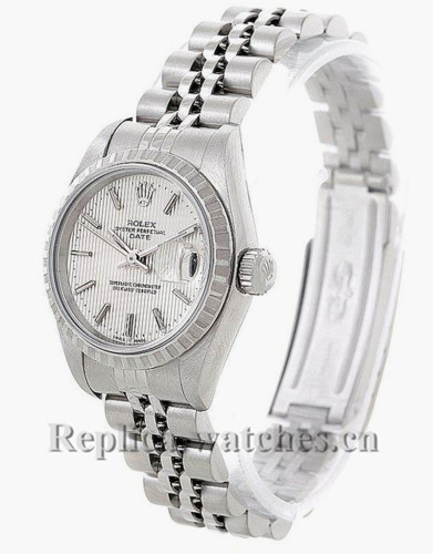 Replica Rolex Date 79240 stainless steel oyster case 26mm Silver Tapestry Dial Ladies Watch