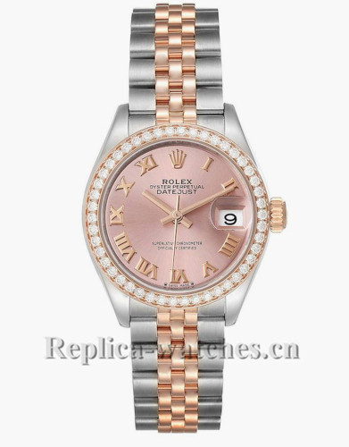 Replica Rolex Datejust 279381 Stainless steel oyster case 28mm Rose pink dial Diamond Ladies Watch