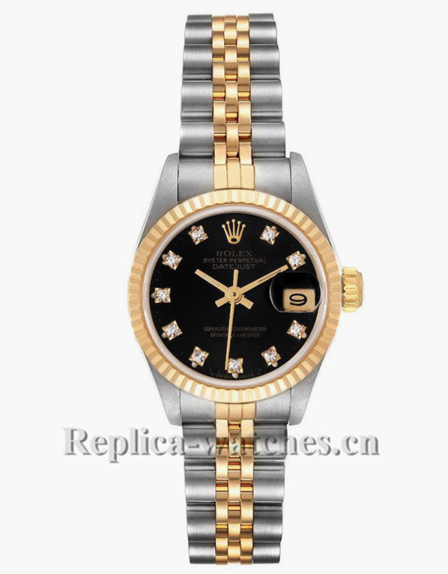 Replica Rolex Datejust 69173 Stainless steel oyster case 26mm Black Diamond Dial Ladies Watch