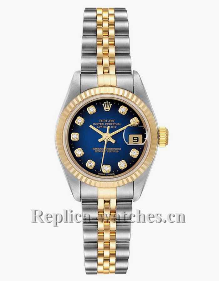 Replica Rolex Datejust 79173 Stainless steel oyster case 26mm Blue Vignette Diamond dial Ladies Watch