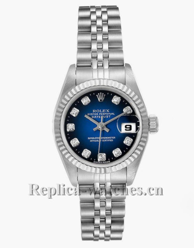 Replica Rolex Datejust 69174 Stainless steel oyster case 26mm Blue Vignette Diamond dial Ladies Watch