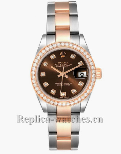 Replica Rolex Datejust 279381 Stainless steel oyster case 28mm Chocolate brown dial Diamond Ladies Watch