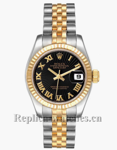 Replica Rolex Datejust 179173 fluted bezel 26mm Black Sunbeam Dial Ladies Watch