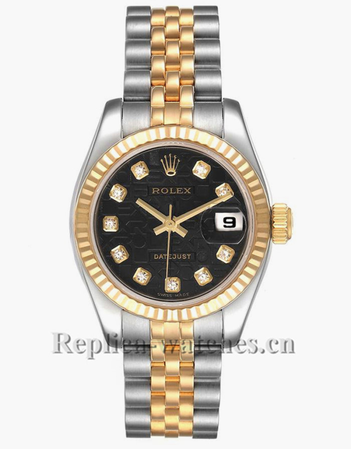 Replica Rolex Datejust 179173 Stainless steel oyster case 26mm Black Diamond Dial Ladies Watch