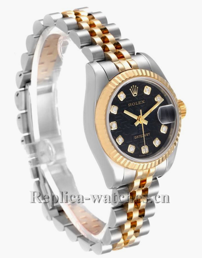 Replica Rolex Datejust 179173 Stainless steel oyster case 26mm Black Diamond Dial Ladies Watch