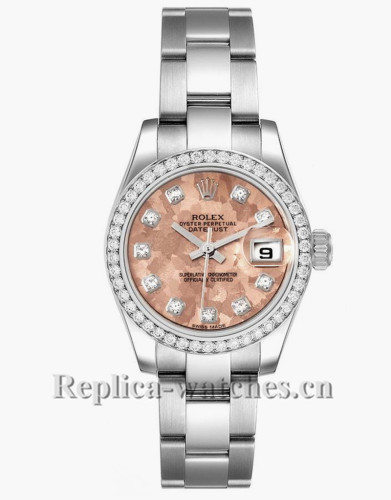 Replica Rolex Datejust 179384 Stainless steel oyster case 26mm Pink Gold Crystal Diamond dial Ladies Watch