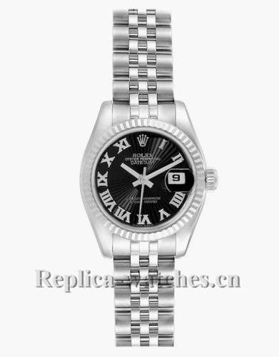 Replica Rolex Datejust 179174 Stainless steel oyster case 26mm Black Sunbeam Dial Ladies Watch