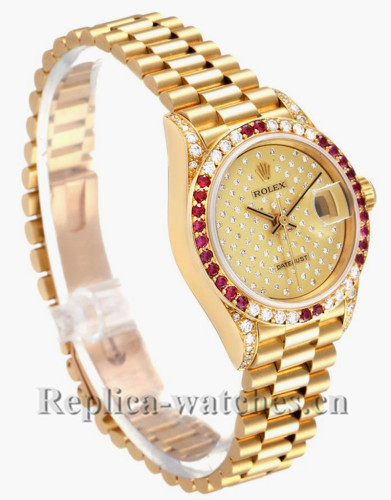 Replica Rolex President 69038 ruby bezel 26mm champagne pave diamond dial Ladies Watch