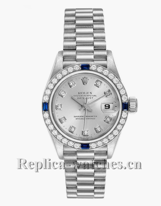 Replica Rolex President Datejust 79089 cyclops magnifier 26mm Silver dial Diamond Ladies Watch
