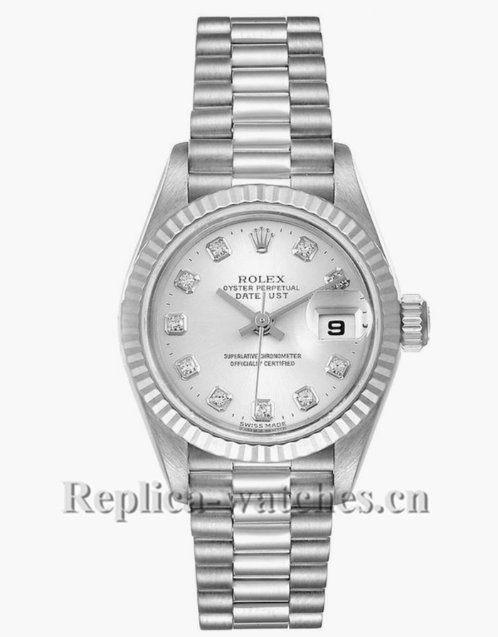 Replica Rolex President 79179  fluted bezel 26mm Silver dial Diamond Ladies Watch