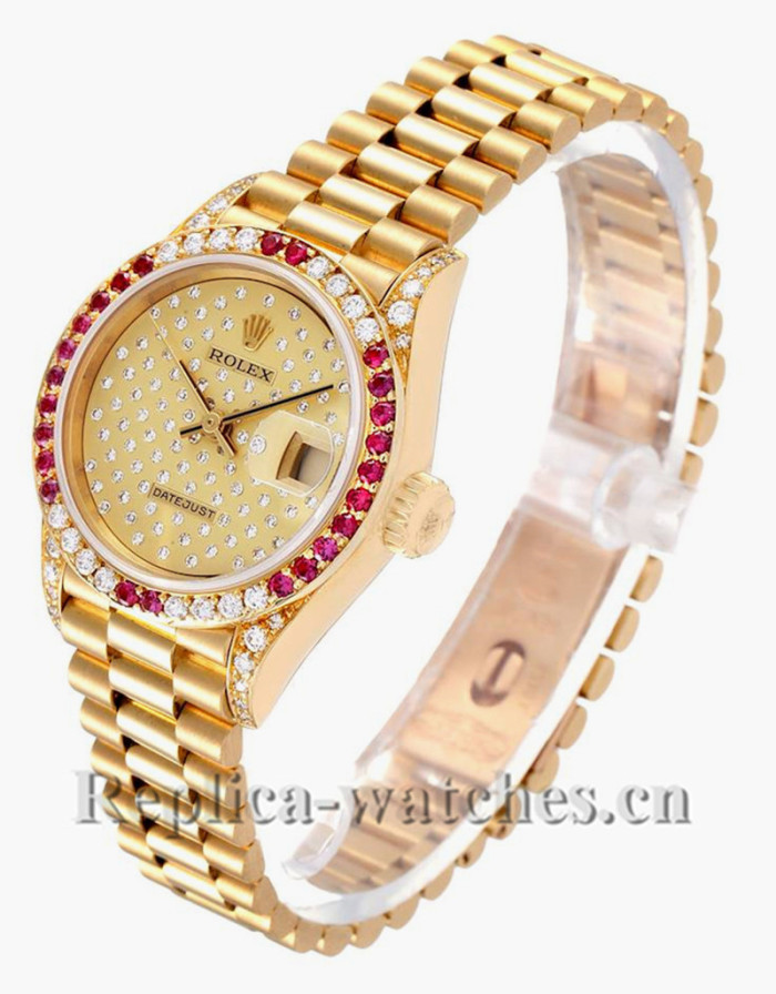 Replica Rolex President 69038 ruby bezel 26mm champagne pave diamond dial Ladies Watch